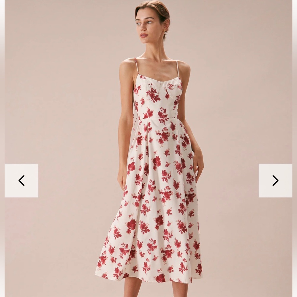 Rihoas The Red Floral Sweetheart Neck Midi Dress